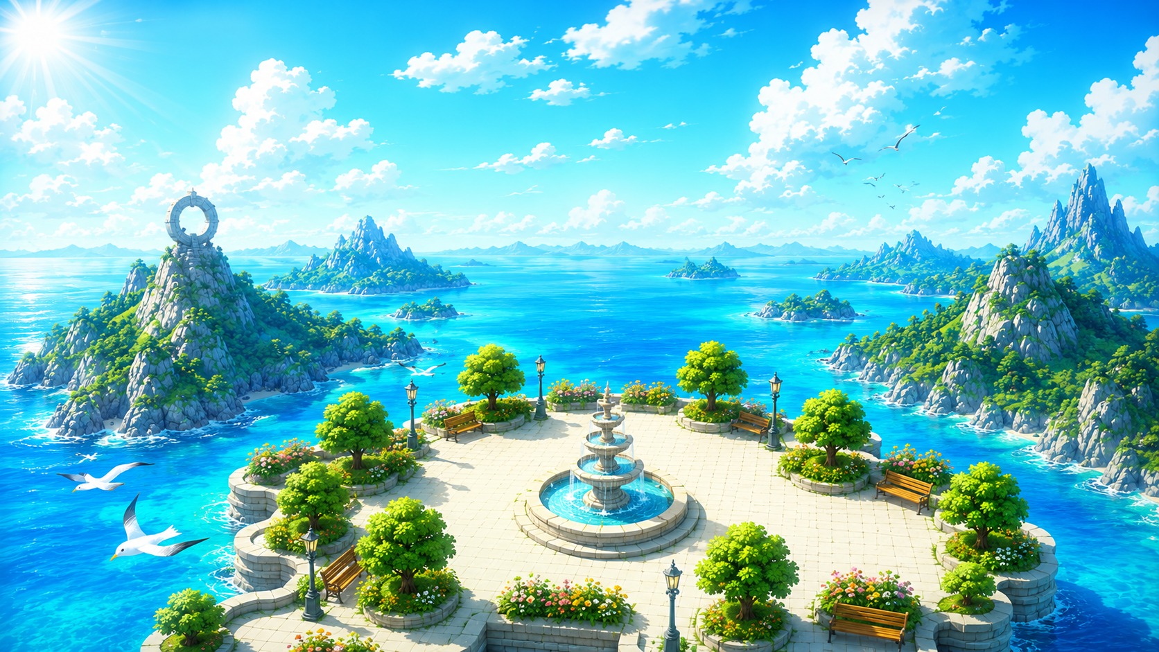 A sunlit island plaza above a turquoise sea.
